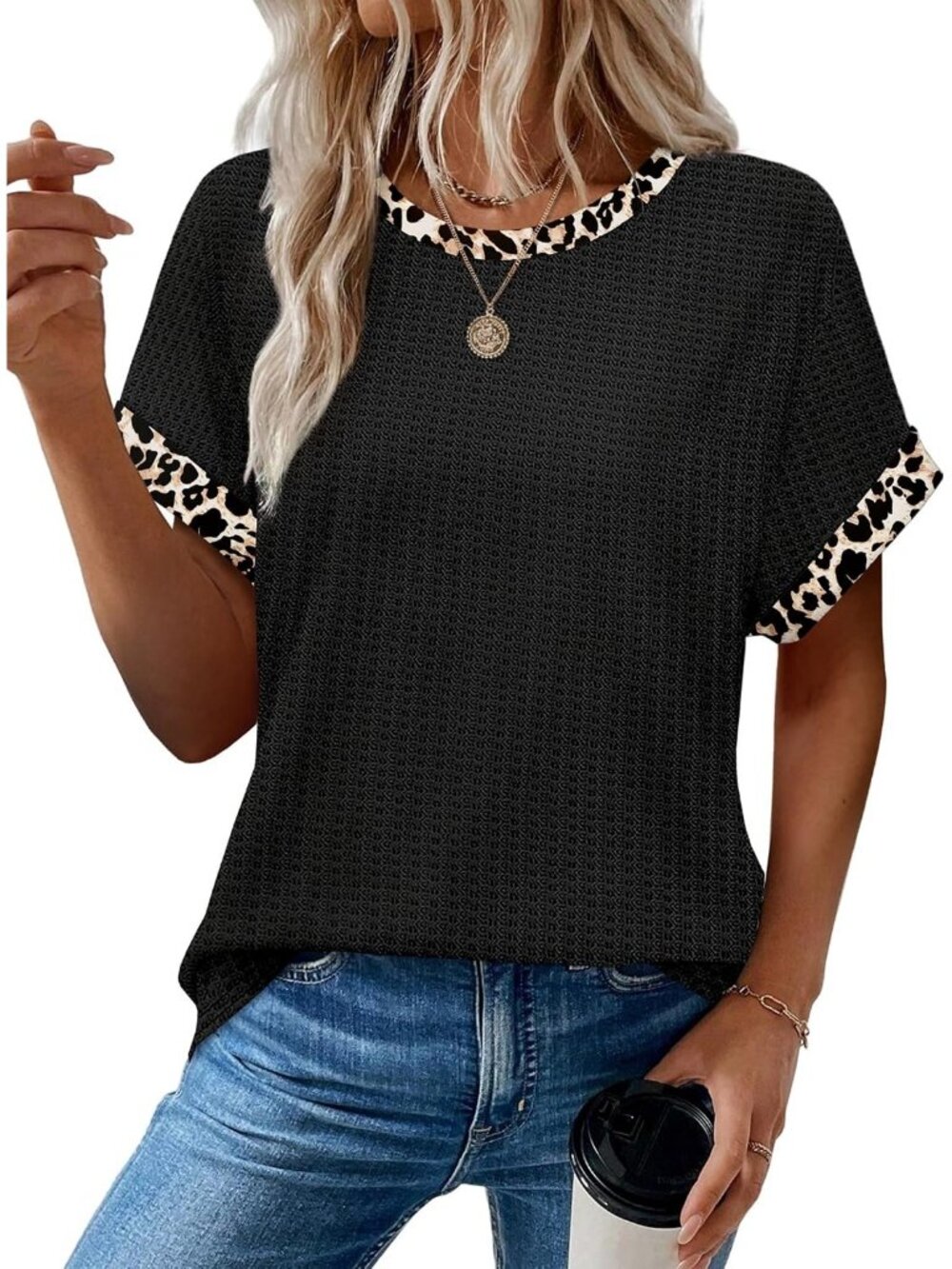Women's Unique Black Leopard Blend Short Sleeve V Neck Pull On Henley Shirts - Picture 2 of 5
